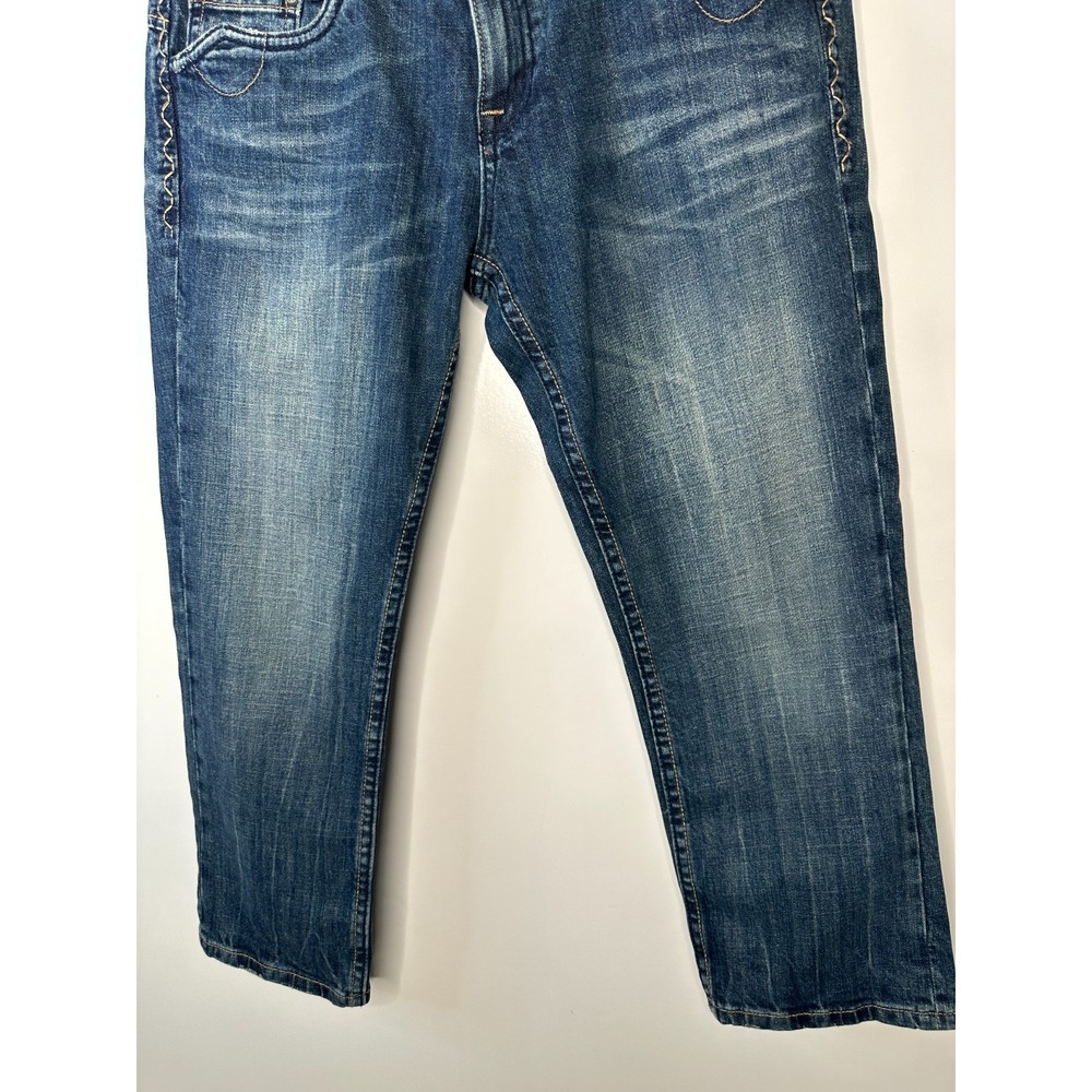 New ReRock x Express Y2K Low Rise Capri Jeans Size 10 Blue Embroider Flap Pocket - Picture 15 of 16
